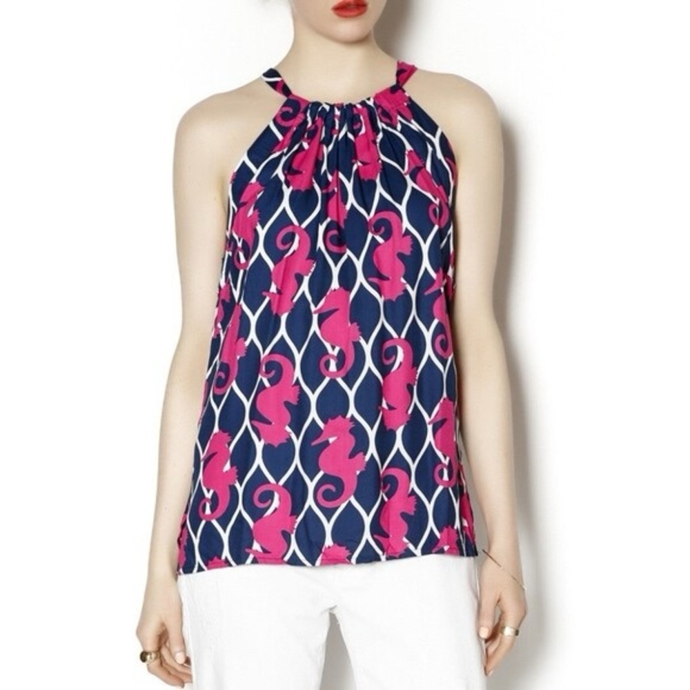 Escapada Navy and Pink Seahorse Halter with Back Neck Tie